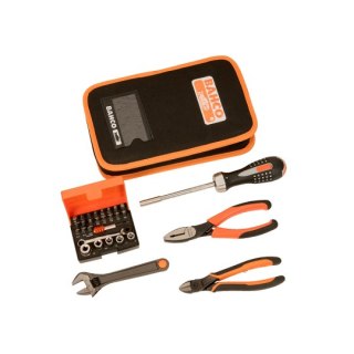 Zestaw narzędzi w etui: końcówki i nasadki z grzechotką 1/4", szczypce, obcinak, klucz nastawny, 36szt. BAHCO [4750FB5ATS001]