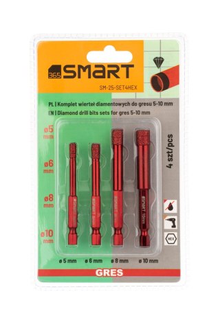 Zestaw 4szt. otwornic diamentowych do gresu 4,5,8,10mm, na sucho, 365 SMART [SM-25-SET4HEX]
