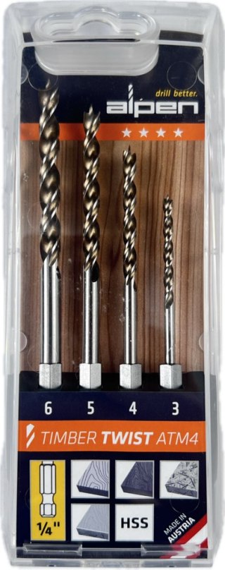 4 wiertła kręte do drewna 3-6mm, ATM 4, Timber Twist Alpen [0067500004100]