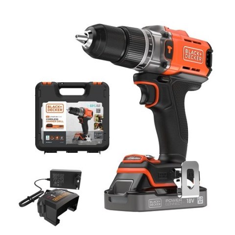 Wiertarko-wkrętarka udarowa akumulatorowa, 45Nm, 18V POWERCONNECT, Black+Decker [BCD383D1XK-QW] 2,0Ah, walizka