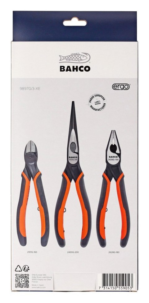 Zestaw 3 szczypiec, ERGO, Bahco, [9897G/3-XE] w świątecznym opakowaniu, na prezent