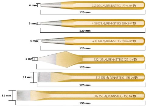 Zestaw dłut i przebijaków, 6szt, kaseta metalowa, Rennsteig [9R 421 002 0]