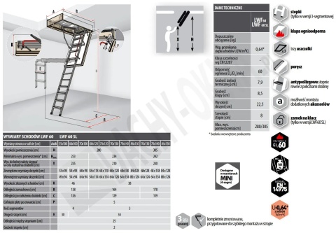 Schody strychowe ognioodporne FAKRO LWF 60 55x100/280 | EI60 | U=0,64 W/m²K | drewniane